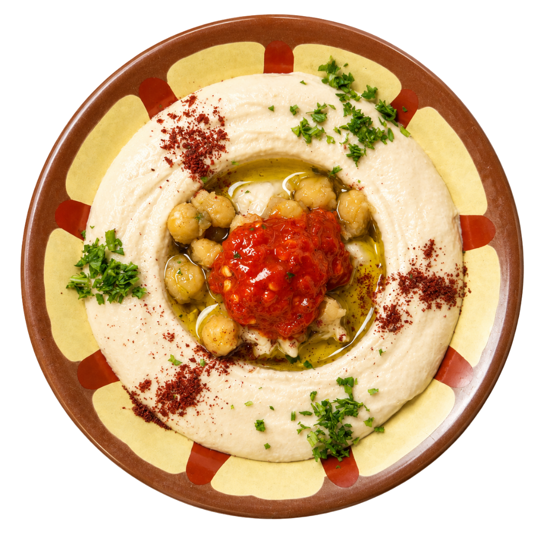 Plate of creamy hummus topped with chickpeas, olive oil, red pepper and parsley