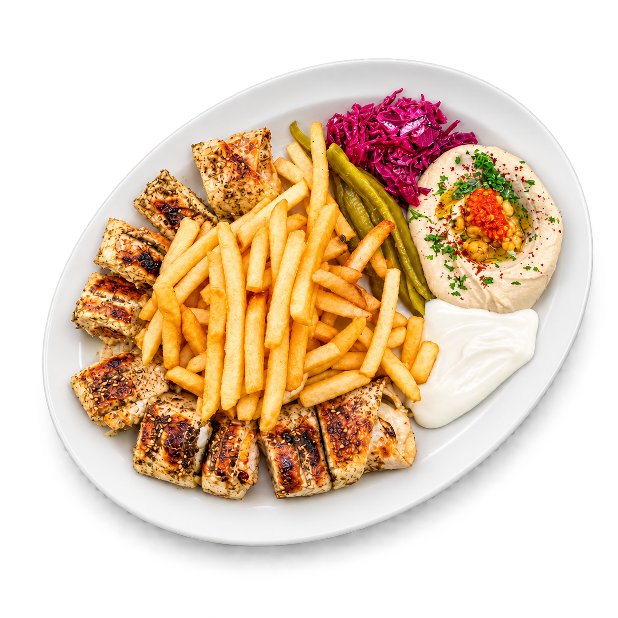 Jerusalem Delight chicken kebab plate with fries, hummus, pickles and garlic sauce